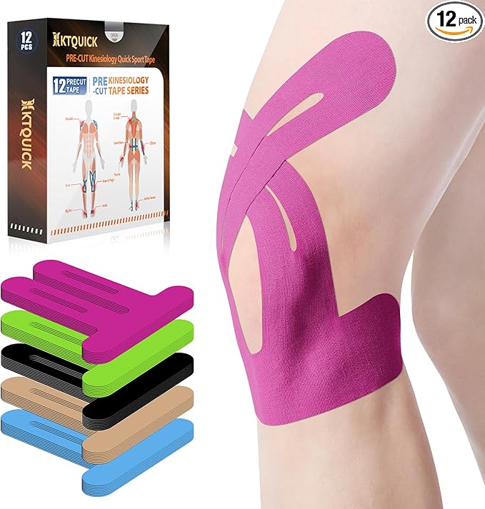 PreCut Kinesiology Tape for Knees, 12 PCS Waterproof KTQUICK Knee Tape for Knee Pain Relief Pre Cut, Original Cotton Athletic Knee Tape, Waterproof & Hypoallergenic Latex-Free for Sports (Pink)