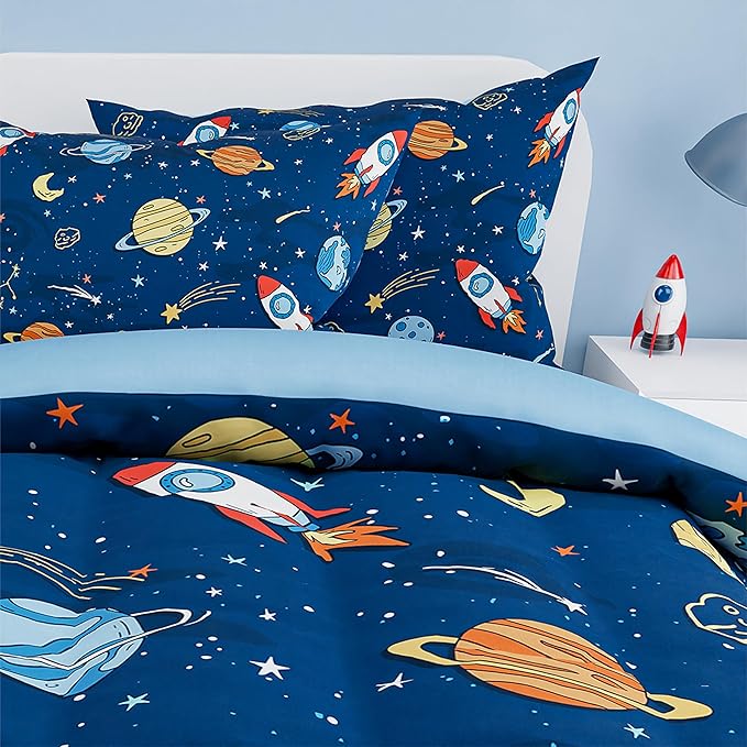 SANDJEST Outer Space Comforter Set Twin Size 68x86in for Kids Boys, Microfiber 3 Pcs Bedding Set Includes 1 Comforter, 1 Pillowcase, 1 Fitted Sheet, Nursery Room Decor