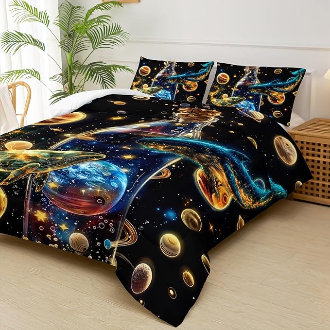 Galaxy Queen Bed Comforter Set，Queen Size Kids Bedding Set Ocean Theme Boys，Outer Space Quilt Queen Size，with 1 Comforter with 2 Pillow Case