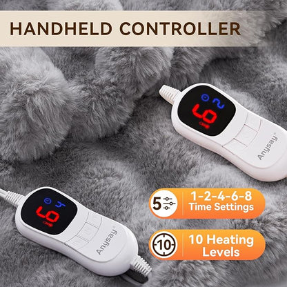Heated Blanket King Size with 1/2/4/6/8 Hours Auto-Off 10 Heat Level, 90'' * 100'' Cozy Faux Rabbit Fur Bubble Electric Blanket with Overheat Protection(Light Grey)
