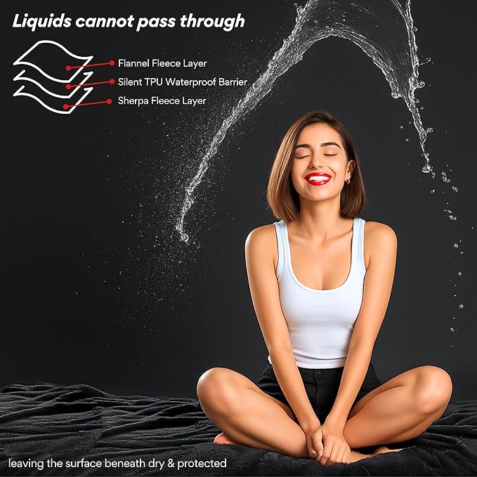 Waterproof Blanket King Size, Black & Gray 82x82"- Water Proof and Stain Resistant Blankets for Couples Bed Intimacy, Fleece Moisture Absorbent, Layered Sheet Protector, Leakproof Protective Top Cover