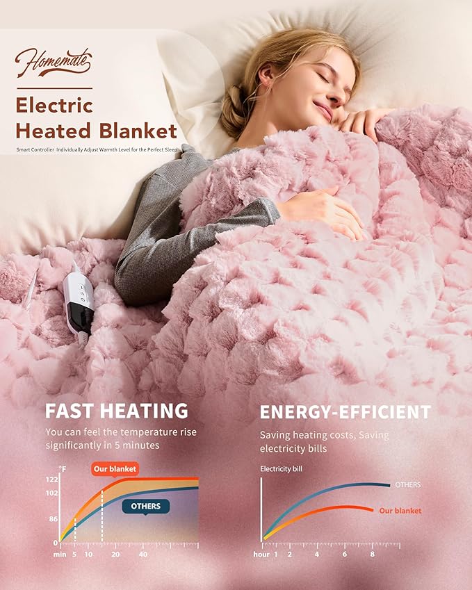 Homemate Heated Blanket Electric Throw - 50"x60" Heating Blanket Throw 1/2/4/6/8 Hours Auto-Off 10 Heat Levels Over-Heat Protection Luxury 800 GSM Faux Fur 200 GSM Sherpa ETL Certification