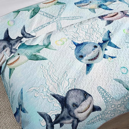Ocean Blue Shark Quilts Bedding Set Full Size for Boys Girls Adult 3Pcs Shark Starfish Quilt Bed Set All Season Seaweed Bedspreads Coverlet with 1 Quilt and 2 Pillowcases for Room Decor