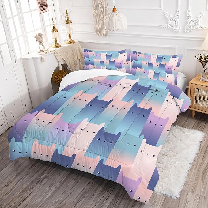 Cat Comforter Set Full: Kawaii Gradient Cats Print Bedding Set Full Size for Teen Girls Kids Room Decor Blue Pink Cute Kittens Quilt Bed Sets 1 Comforter & 2 Pillowcases