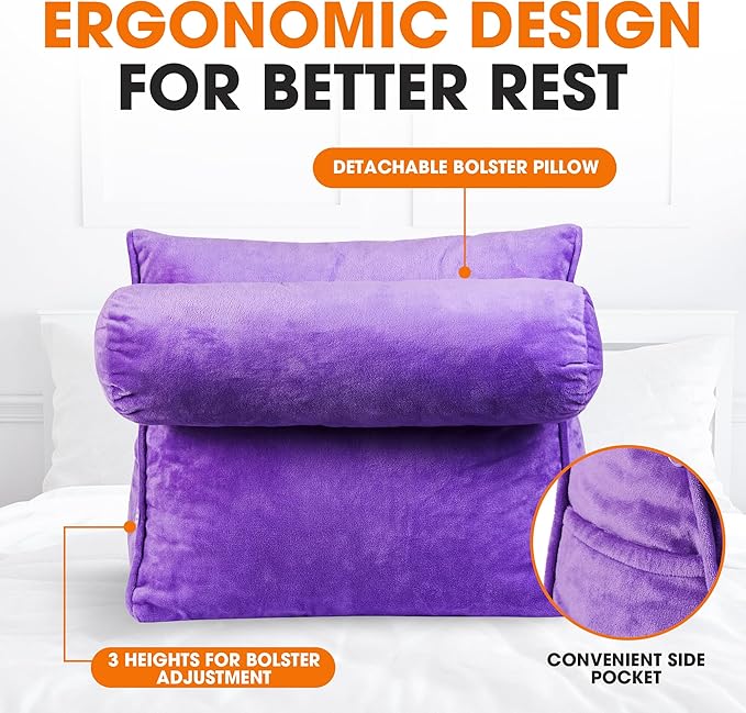 Cheer Collection Reading Wedge Pillow – TV Pillow with Adjustable Bolster Pillow, Memory Foam Back Support for Couch & Bed, Pillow Chair for Bed, Reading Pillows for Adults & Kids, Purple