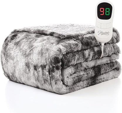 Homemate Heated Blanket Electric Throw - 50"x60" Heating Blanket Throw 1/2/4/6/8 Hours Auto-Off 10 Heat Levels Over-Heat Protection Luxury Faux Fur Sherpa ETL Certification