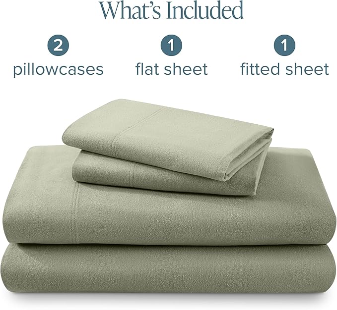 Bare Home Flannel Sheet Set 100% Cotton, Velvety Soft Heavyweight - Double Brushed Flannel - Deep Pocket (King, Sage)