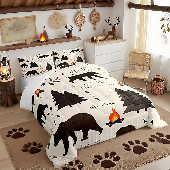 Happy Camping Comforter Set King Size,Hunt Bear Pine Trees Bedding Set for Kids Boys Girls Cabin Room Decor,Cartoon Campfire Arrow Stars Moon Quilt Set Adventure Duvet Insert Brown 3Pcs