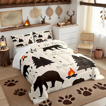 Happy Camping Comforter Set King Size,Hunt Bear Pine Trees Bedding Set for Kids Boys Girls Cabin Room Decor,Cartoon Campfire Arrow Stars Moon Quilt Set Adventure Duvet Insert Brown 3Pcs