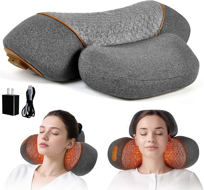 3- in -1 Rechargeable Neck Massage Pillow - Neck Massager, Relieves Deep Tissue Pain in The Neck, Has Massage Heating and Traction Functions, Camel Hump Corrector (Light Gray)