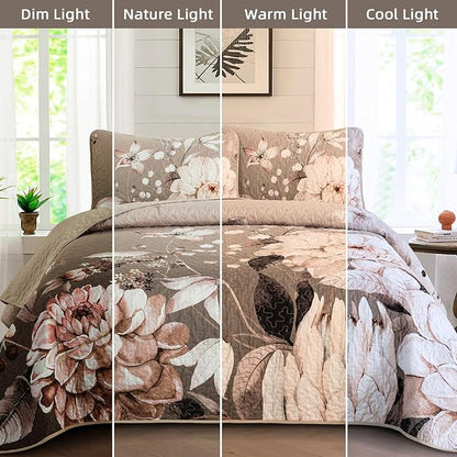 Drucon Floral Quilt Queen Size - 3 Pieces Brown Quilt Botanical Bedspread Soft Lightweight Flower Bedding Set for All Season (96"x90")