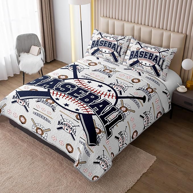 QOOMO Baseball Quilt Set King Size,Sports Bedspread Coverlet Set,Sports Games 3Pcs Bedding Set Printed Quilt with 2 Pillowcases,Soft and Lightweight,for All Seasons