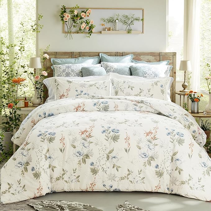Floral Duvet Cover Queen Size 100% Cotton Reversible Duvet Cover Set with Zipper Closure 3 Pieces Soft & Breathable Green Garden Floral Comforter Cover Sets
