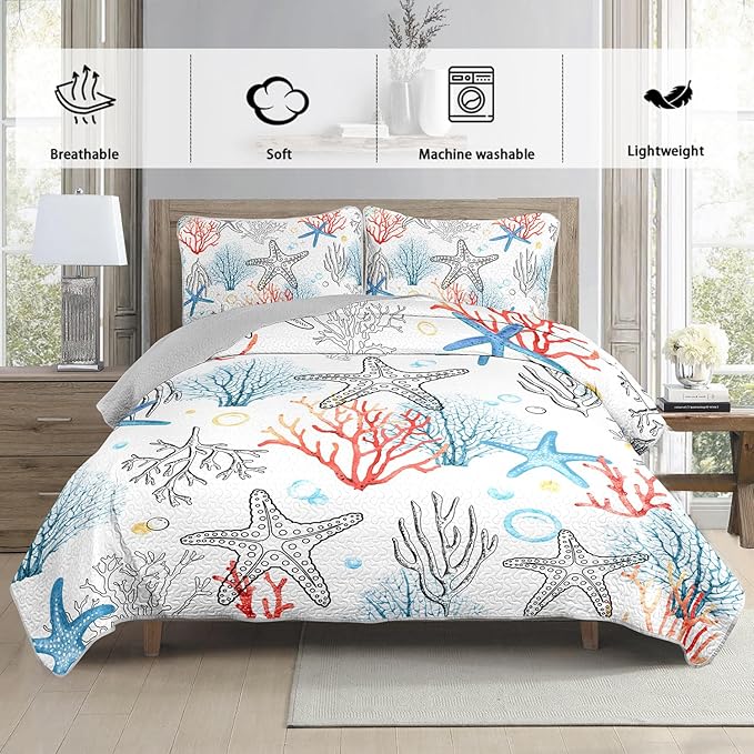 Coastal Themed Quilted Quilt Queen Size,Starfish Bedding Sets for Kids Girls Room Decor,Coral Bubbles Pattern Lightweight Quilt with 2 Pillowcases.