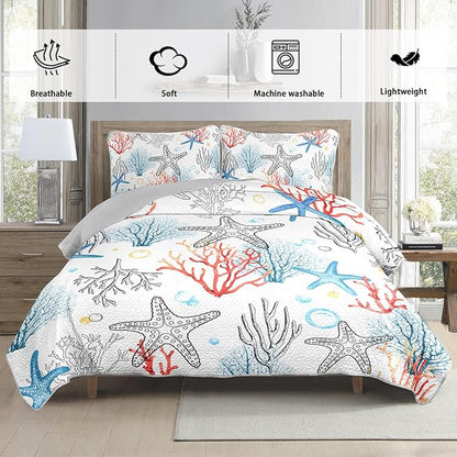 Coastal Themed Quilted Quilt King Size,Starfish Bedding Sets for Kids Girls Room Decor,Coral Bubbles Pattern Lightweight Quilt with 2 Pillowcases.