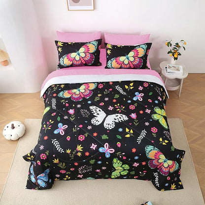 Girls Butterfly Comforter Set Twin Size Colorful Flowers Leaves Bedding Set for Kids Teens Black 7 Piece Bed in A Bag Super Soft All Season