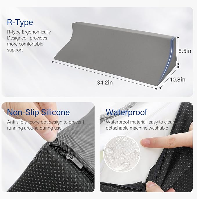 Fanwer 34.2in Wedge Pillow for Sleeping,Bed Wedge Pillows for After Surgery Body Positioners,Triangle Foam Wedge Pillow for Side Sleeping,for Pregnancy,Back,Leg Pain Relief,Grey Machine Washable Cover