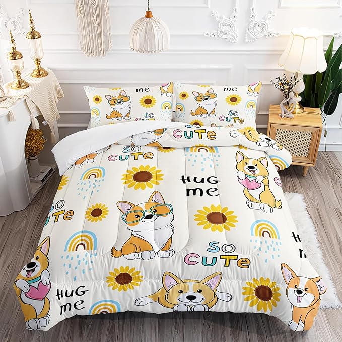 Kawaii Cartoon Corgi Dog Animal Themed Comforter 3Pcs Queen Yellow Sunflower Rainbow Bedding Set for Kid Teen Girl Boy Adult So Cute Pet Dog Quilt Bed Decor with 1 Comforter and 2 Pillowcases