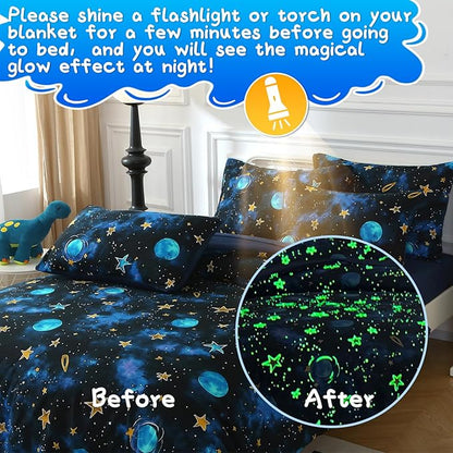 Glow in The Dark Kids Comforter Set， 3 Pieces Blue Space Bedding Set Twin Size for Boys Girls Teen, 1 Comforter, 1 Pillowcase, 1 Pillow Sham