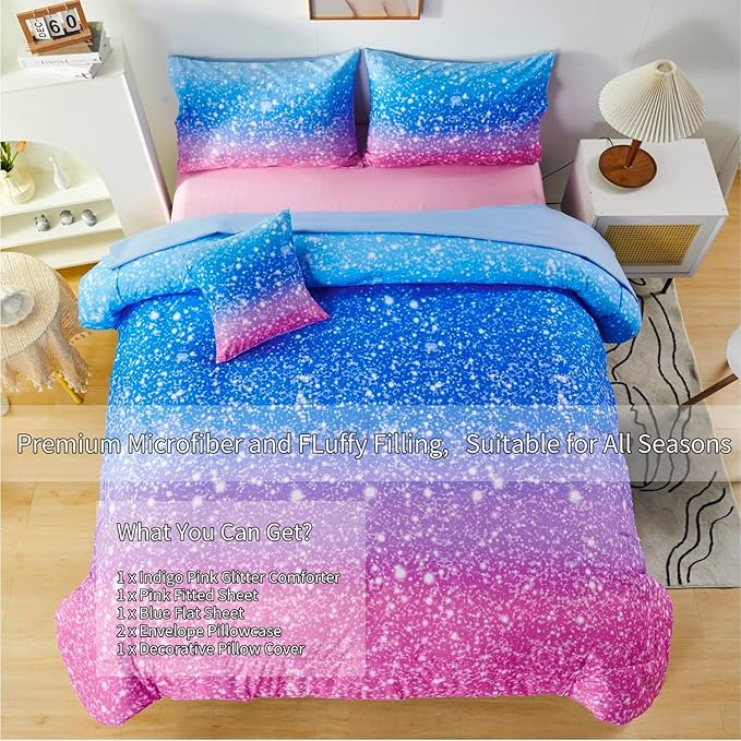 RYNGHIPY 6Pcs Sparkle Gradient Glitter Comforter Sets, Ombre Indigo Pink Gradient Bedding Set for Boys Girls, Rainbow Bed in A Bag Twin Size