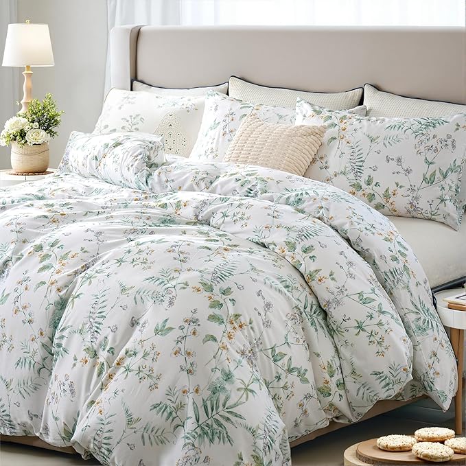 100% Cotton Duvet Cover Set King Size Vintage Chic Style Green Floral Duvet Cover Lightweight Floral Bedding Set with Zipper Closure for All Season, Exquisite, Ultra Soft