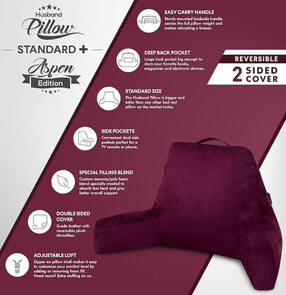 Husband Pillow Aspen Mauve Purple, Standard+ Reading Pillow Bed Rest Chair, Two-Sided Reversible Fabric, Large Lounge Cushion Adult Backrest with Arms, Comfy Back Support for Sit Sitting Up, Washable