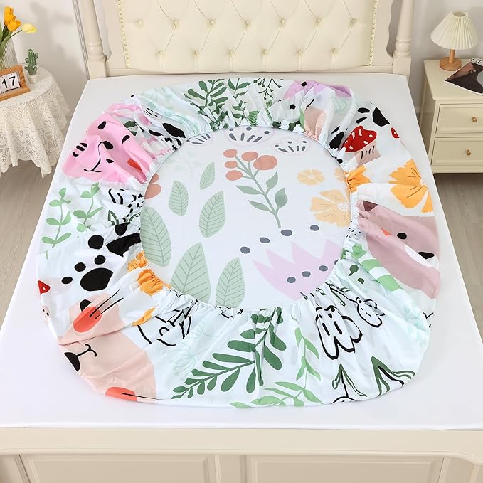 Cat Sheets Set: Floral Cat Bedding Set Full/Queen Size for Girls Teens Women Bedroom Flower Bed - 1 Flat Sheet, 1 Fitted Sheet, 2 Pillowcases