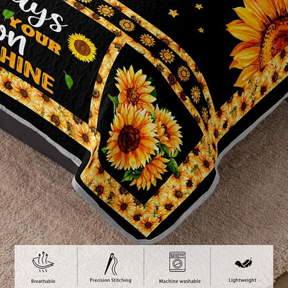 AILONEN Girls Sunflower Quilt Set Queen Size, 3Pcs Black Yellow Flower Bed Cover Bedding Set for Kids and Adults, Lightweight Bedspread Coverlet with 2 Pillowcases All Season