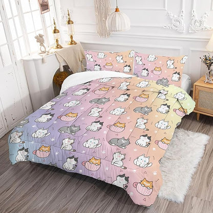 Cat Comforter Set Full: Cat Themed Rainbow Bedding Set Kawaii Colorful Kitten Quilts Pet Cats Bed Sets for Teen Girls Kids Women 1 Comforter & 2 Pillowcases