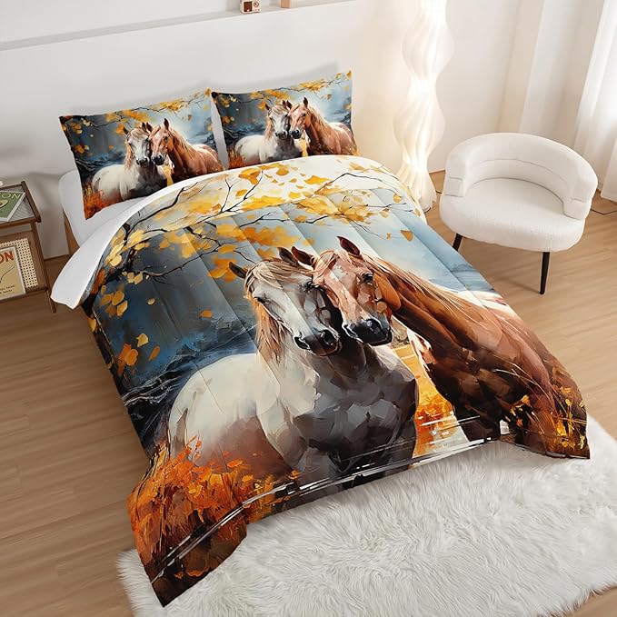 White Brown Horses Comforter Set King Size,Watercolor Painting Autumn Leaves Bedding Set for Kids and Adults Bedroom Horse Decor,Natural Scenery Aesthetics Comforter Set with 2 Pillowcases.