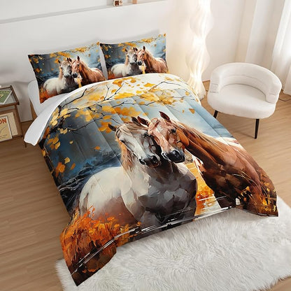 White Brown Horses Comforter Set Full Size,Watercolor Painting Autumn Leaves Bedding Set for Kids and Adults Bedroom Horse Decor,Natural Scenery Aesthetics Comforter Set with 2 Pillowcases.