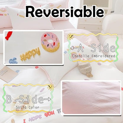 MorroMorn Cotton Duvet Cover Queen Size, 3D Embroidery Queen Bedding Sets All Seasons, Cute Chenille Embroidered Comforter Covers Soft Sweat-Absorbent for Girls Kids Teen (Donut White, Full/Queen)
