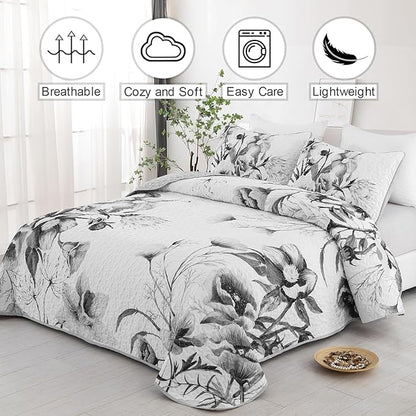 Floral Quilt Set California King 3 Pieces Grey Floral Quilt Coverlet Set Soft Microfiber Lightweight Purple Quilted Bedspread for All Season 106"x96"