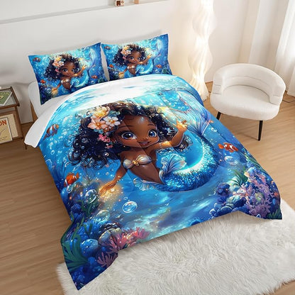 Black Little Mermaid Pattern Queen Comforter Set,Underwater World Ocean Themed Bedding Sets for Kids Toddlers Girls Boys Room Decor,Princess Bedding with 2 Pillowcases.