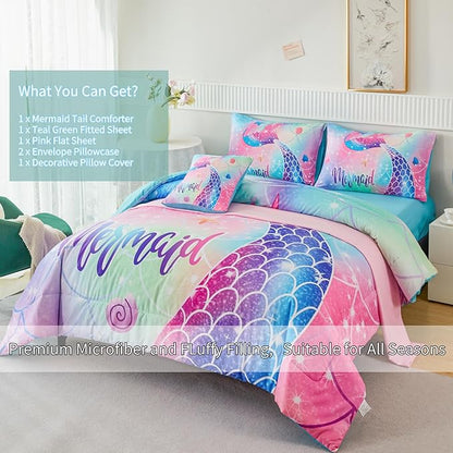 RYNGHIPY Mermaid Queen Kids Bedding Set, Rainbow Comforter Set with Sheets, 6 Pieces Teen Girls Bed in a Bag