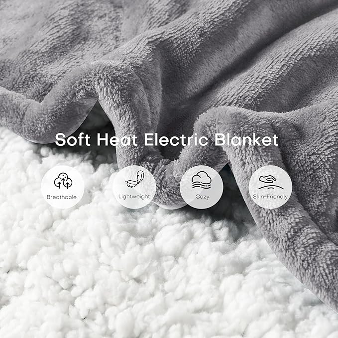 50"x60" Heated Electric Blanket Throw Thickened Flannel and Sherpa Heated Blanket, 3 Hours Timer Auto-Off & 5 Heating Levels, Machine Washable, Ash Gray