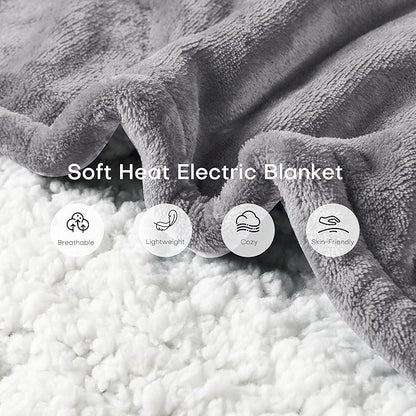 50"x60" Heated Electric Blanket Throw Thickened Flannel and Sherpa Heated Blanket, 3 Hours Timer Auto-Off & 5 Heating Levels, Machine Washable, Ash Gray