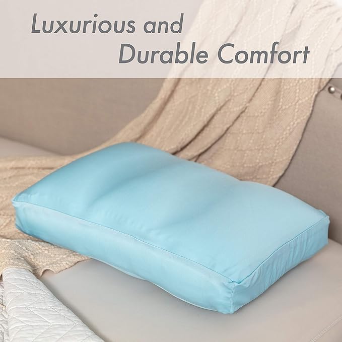 PILLOWY Premium Microbead Bed Pillow, Medium Extra Fluffy But Supportive - Ultra Comfortable Sleep with Silk Like Anti Aging Cover 85% Spandex/ 15% Nylon Breathable, Cooling Sweet Baby Blue