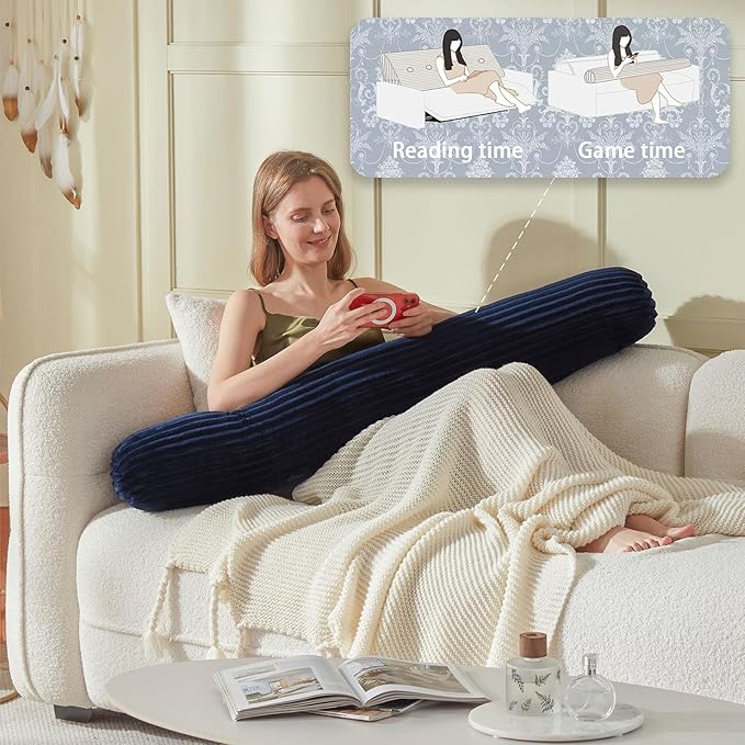 Headboard Wedge Pillow + A Long Neck Roll Pillow Body Pillow，Large Headboard Pillow with Removable Cover (Blue, Twin：39x8x20 inches)