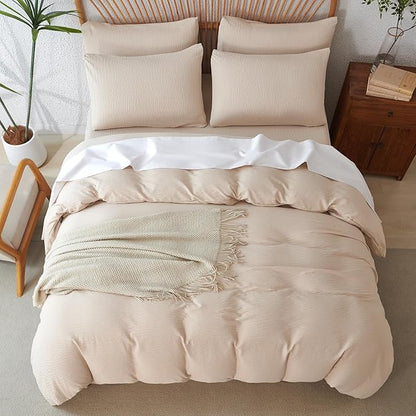 Duvet Cover Quee Beige, Luxury Brushed Microfiber Double-Layer Crinkle Gauze Beige Queen Duvet Cover, 3 Pieces Bedding for All-Season, Soft Breathable with Zipper Closure (No Comforter)