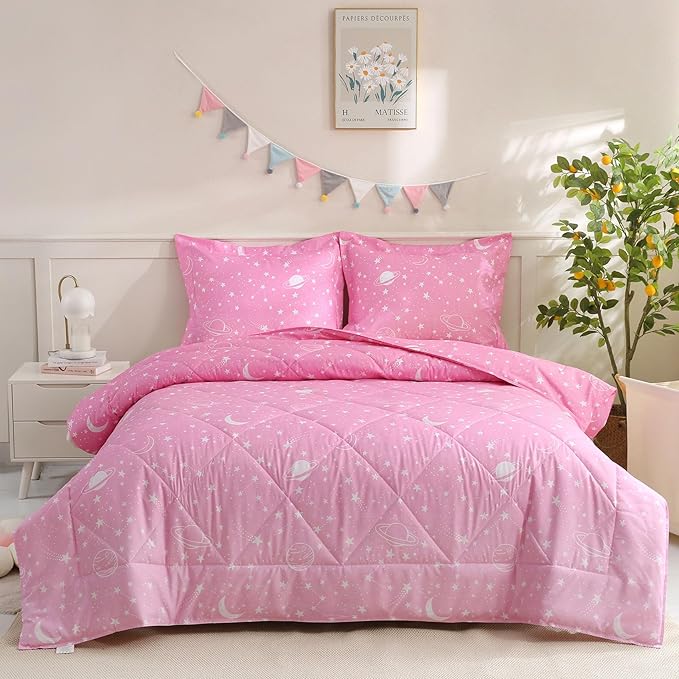 JSD Gradient Pink Stars Kids Comforter Set Full Size, 3 Piece Space Theme Girls Printed Microfiber Bedding Set, Machine Washable