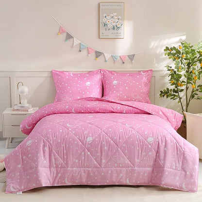 JSD Gradient Pink Stars Kids Comforter Set Full Size, 3 Piece Space Theme Girls Printed Microfiber Bedding Set, Machine Washable