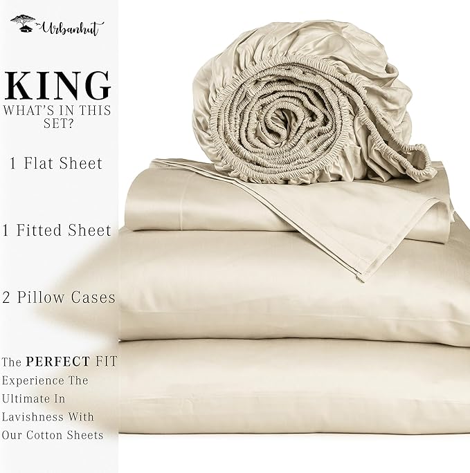 URBANHUT 1000 Thread Count King Sheets Set Egyptian Cotton, Long Staple Soft & Breathable, 4 Pc Bed Sheet Sets, Luxury Hotel Sateen Sheets Fits 16" Deep Pocket - Ivory