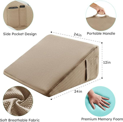 Bedluxe Wedge Pillow, 12 inch Bed Wedge Pillow for Headboard, Pillow Wedge for Acid Reflux Relief, Sleeping, After Surgery, Snoring, Gerd, Triangle Pillow Wedge - Cooling Memory Foam Top, Coffee
