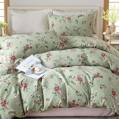 100% Cotton Duvet Cover Set Queen Size– Green Classic Botanical Print Bedding Set 3 Pieces, Breathable Lightweight Comforter Cover with Zipper Closure, Vintage Garden Floral Bed Set