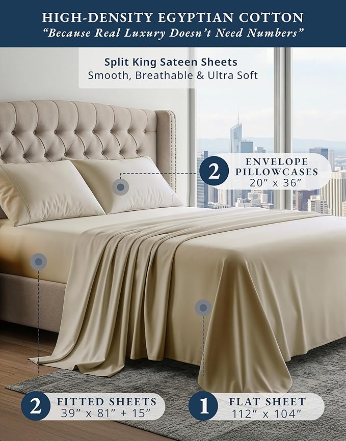 LANE LINEN 100% Egyptian Cotton Split King Sheets for Adjustable Beds, 15 inch Extra Deep Pocket Split King Sheets, Naturally Temperature Regulating Cooling NO Pill Fade Resistant - Linen