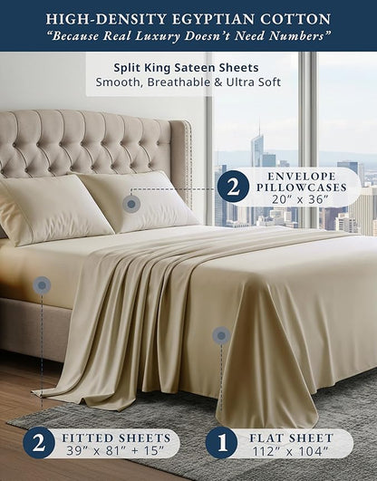 LANE LINEN 100% Egyptian Cotton Split King Sheets for Adjustable Beds, 15 inch Extra Deep Pocket Split King Sheets, Naturally Temperature Regulating Cooling NO Pill Fade Resistant - Linen