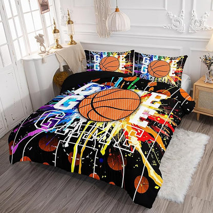 Cartoon Basketball Printed Comforter Set Ball Sports Bedding Set with 1 Comforter and 2 Pillowcases for Boys and Girls Bedroom All Season(Basketball-2 Full)