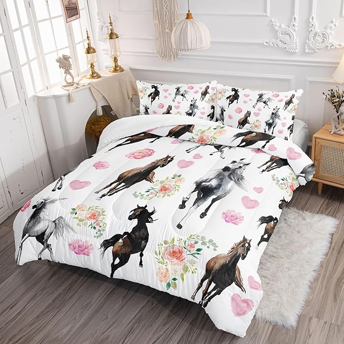Western Horse Comforter Set Retro Floral Printed Bedding Set with 1 Comforter and 2 Pillowcases for Boys and Girls Bedroom All Season(Horse Twin)