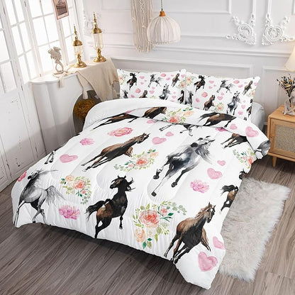 Western Horse Comforter Set Retro Floral Printed Bedding Set with 1 Comforter and 2 Pillowcases for Boys and Girls Bedroom All Season(Horse Twin)